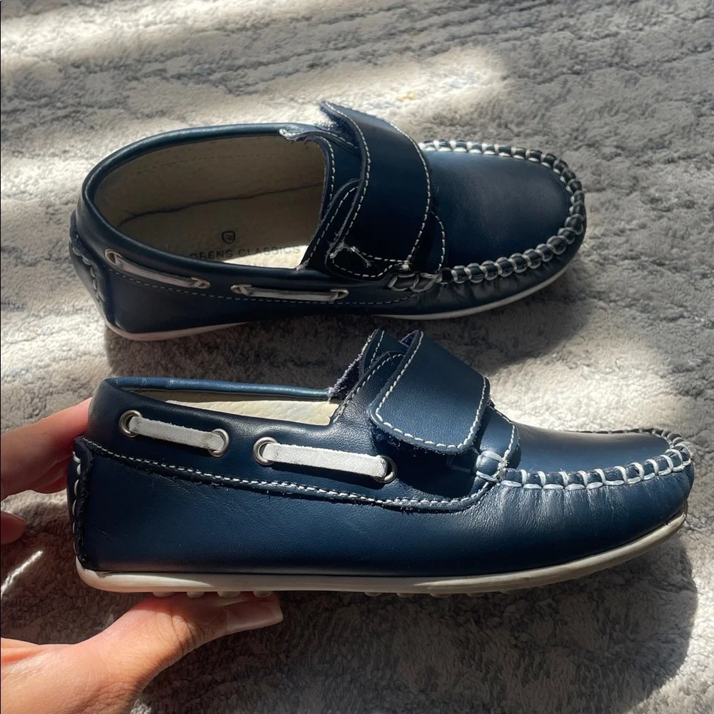 Children's Navy Leather Loafers with Velcro Strap